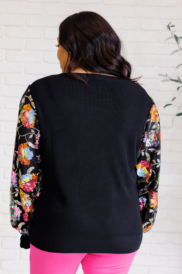 She Is The Party Floral Sequins Mesh Sleeve Top