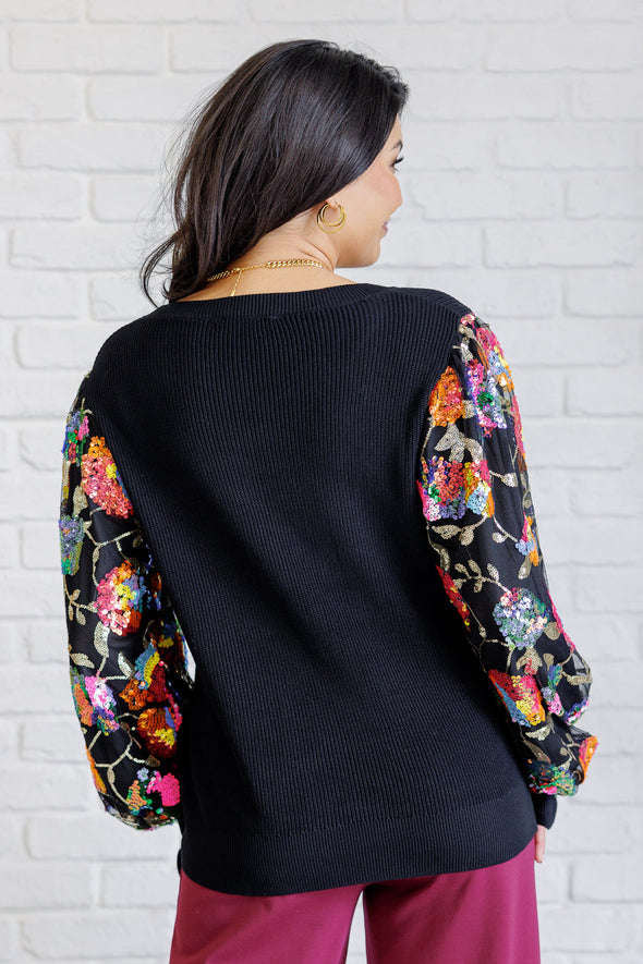 She Is The Party Floral Sequins Mesh Sleeve Top