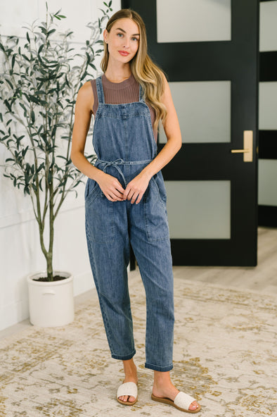 Too Cute To Compute Waist Tie Overalls in Dark Blue