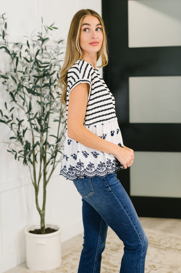 Too Sweet To Share Scalloped Hem Blouse in Ivory and Navy