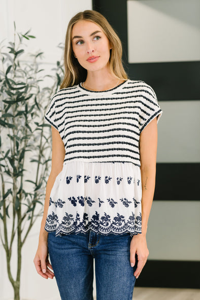 Too Sweet To Share Scalloped Hem Blouse in Ivory and Navy