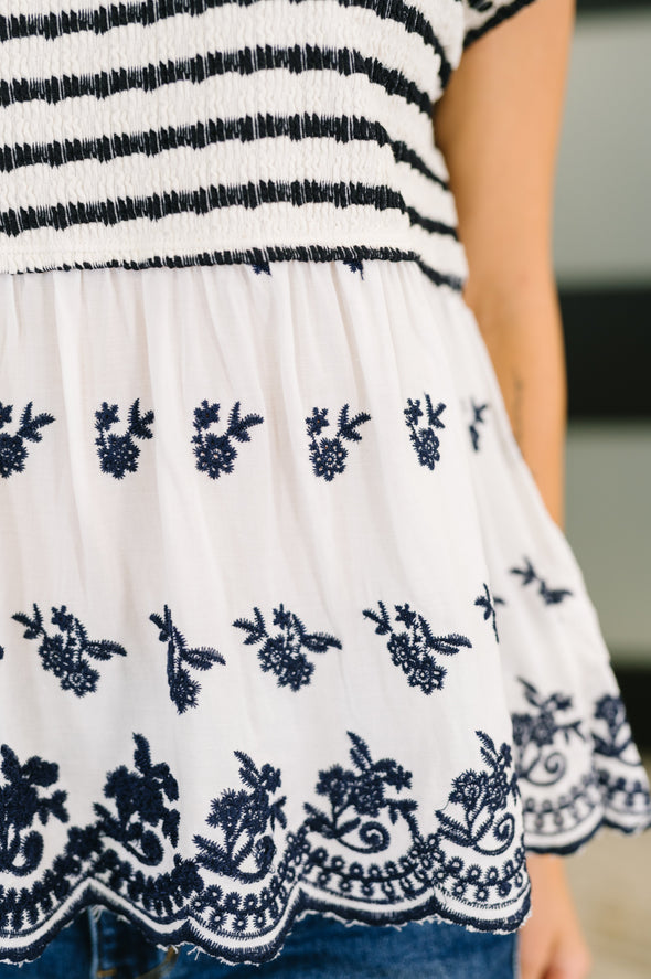 Too Sweet To Share Scalloped Hem Blouse in Ivory and Navy