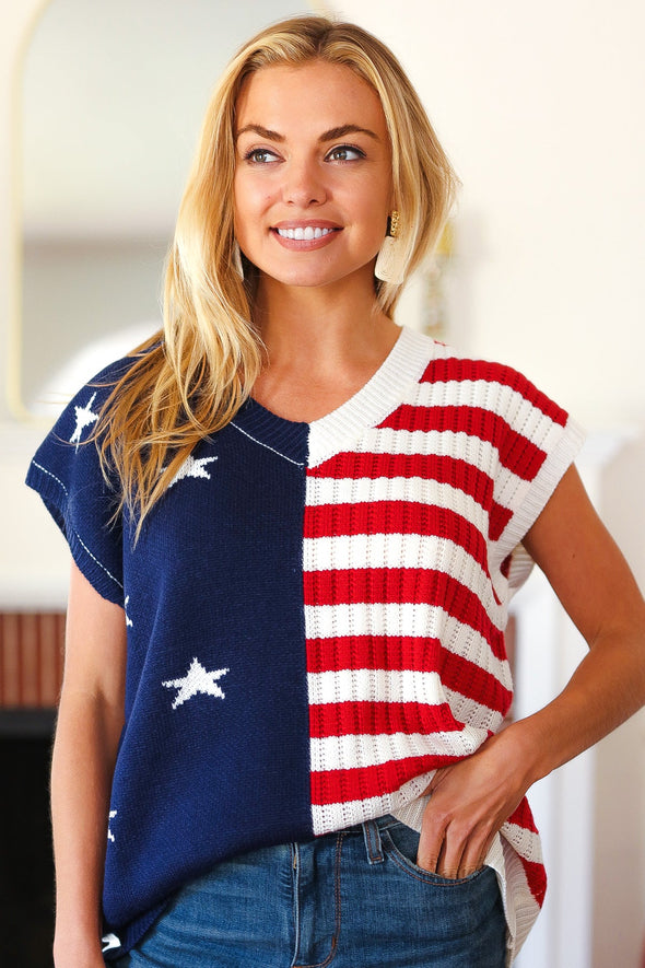 Stars & Stripes Americana V Neck Dolman Sweater Top