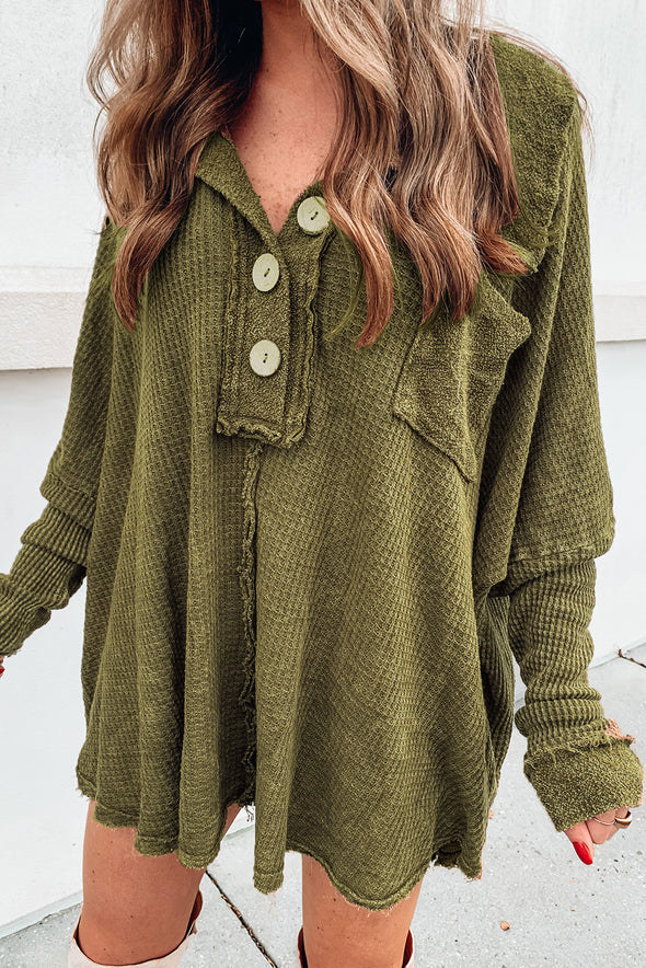 Waffle Knit Buttoned Long Sleeve Top with Breast Pocket Brown