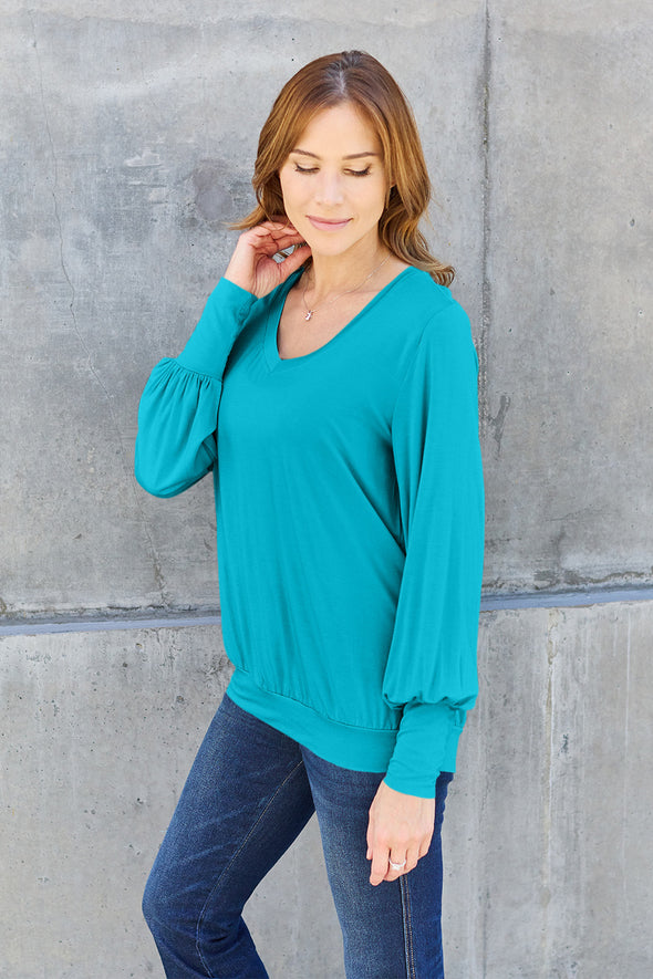 Basic Bae V-Neck Lantern Sleeve Blouse