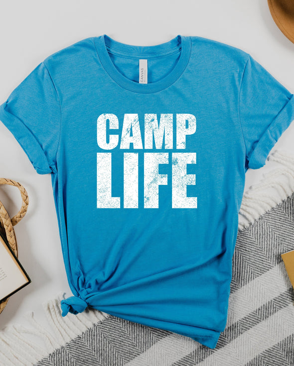 Camp Life Distressed Graphic Tee and Sweatshirt