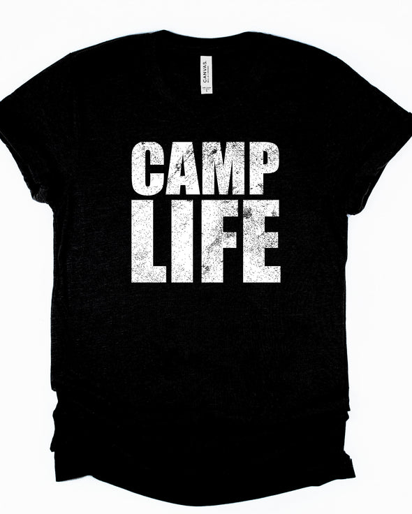 Camp Life Distressed Graphic Tee and Sweatshirt