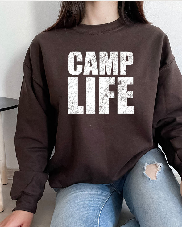 Camp Life Distressed Graphic Tee and Sweatshirt