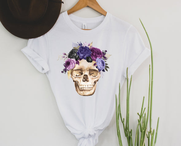 Purple Floral Skull Graphic Tee