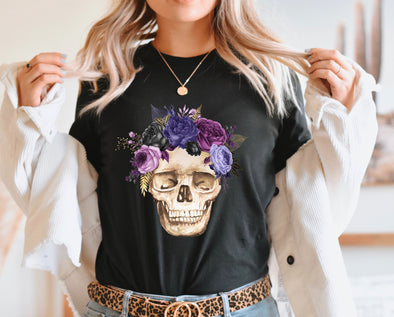 Purple Floral Skull Graphic Tee