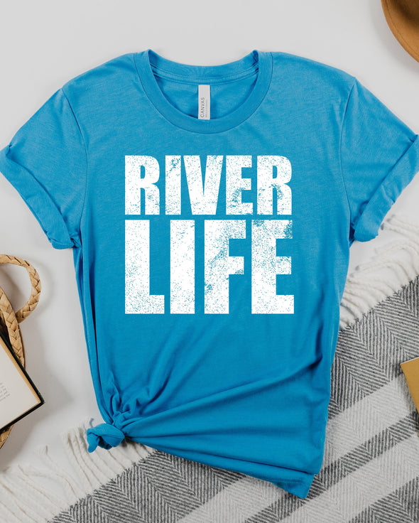 River Life Distressed Graphic Tee and Sweatshirt