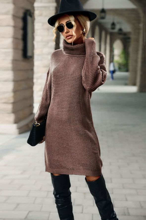 Turtleneck Dropped Shoulder Mini Sweater Dress Coffee