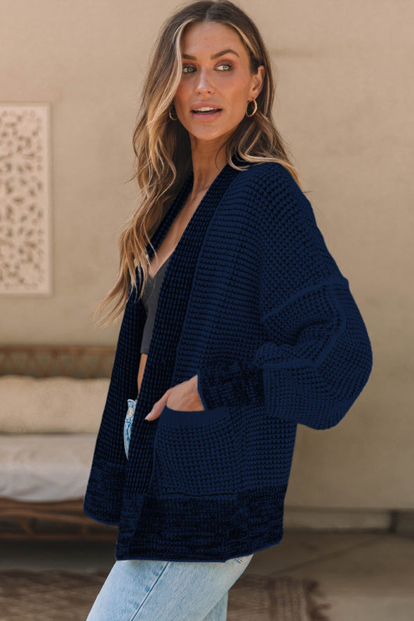 Waffle-Knit Pocketed Open Front Cardigan