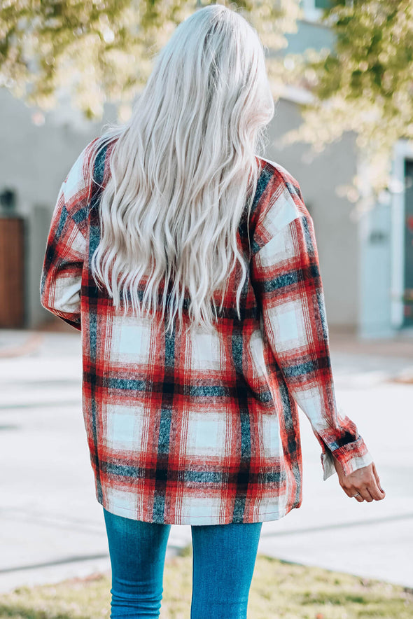 Plaid Button Up Shacket with Pockets Red