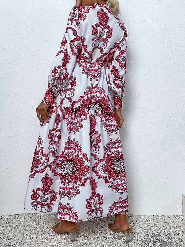 Printed Tie Waist Notched Neck Midi Dress
