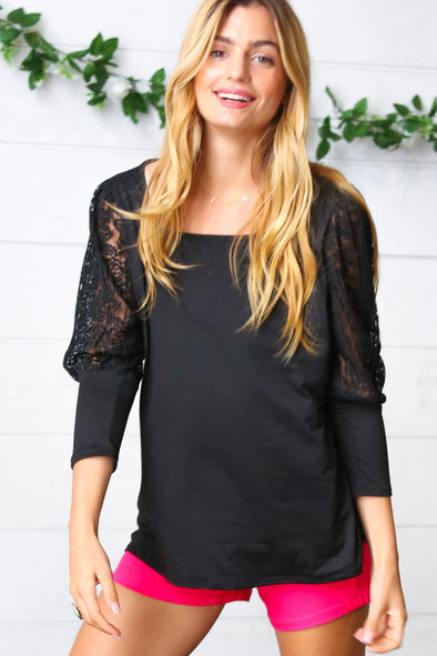 Haptics Black Lace Three Quarter Bubble Sleeve Top