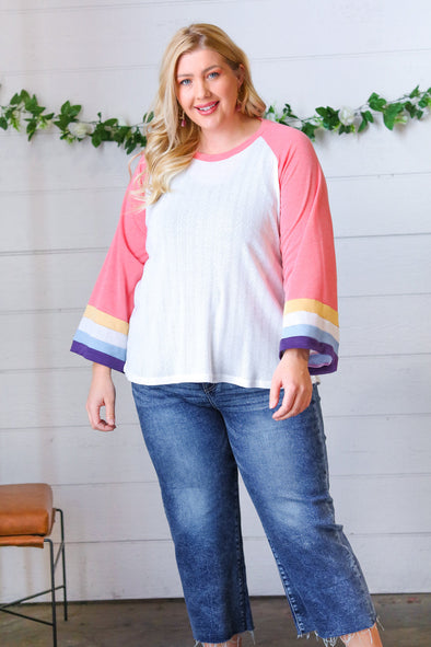 Sugarfox Pink Pointelle Color Block Wide Sleeve Pullover