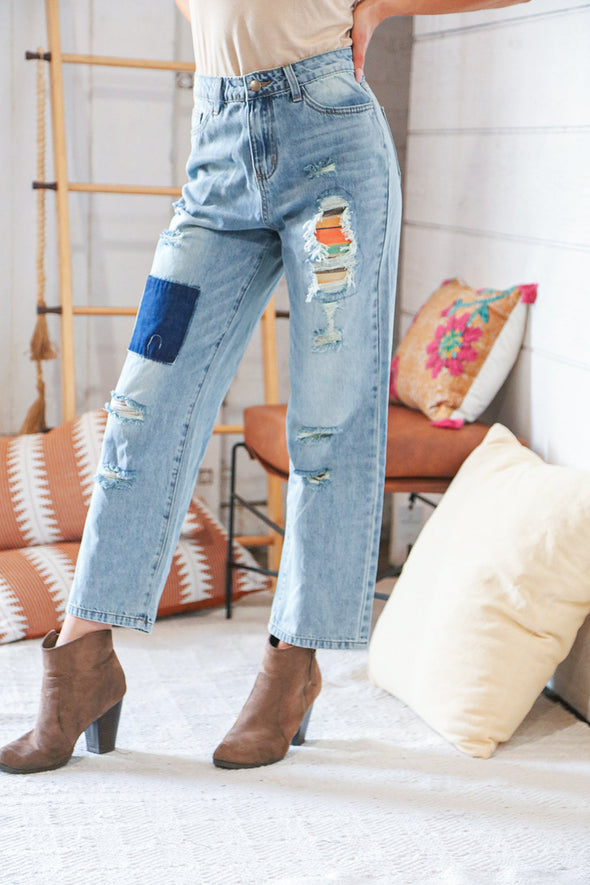 Haptics Cotton Washed High Waist Ripped Patchwork Straight Leg Jeans