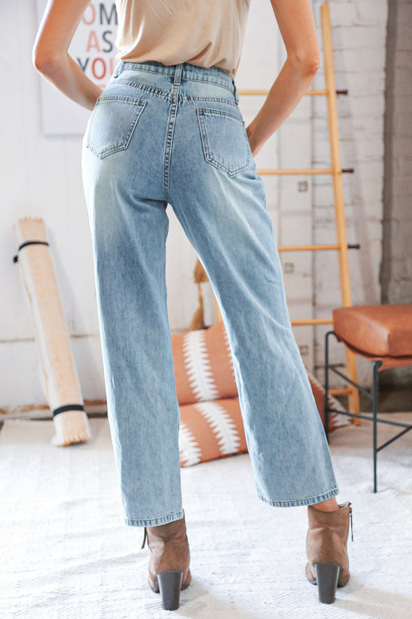 Haptics Cotton Washed High Waist Ripped Patchwork Straight Leg Jeans
