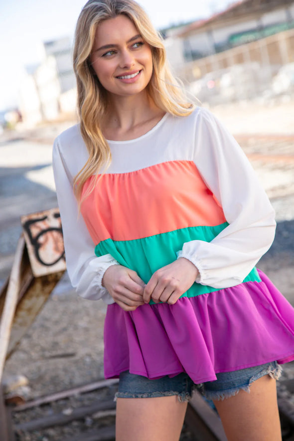 Haptics Ivory & Peach Woven Crepe Tiered Blouse