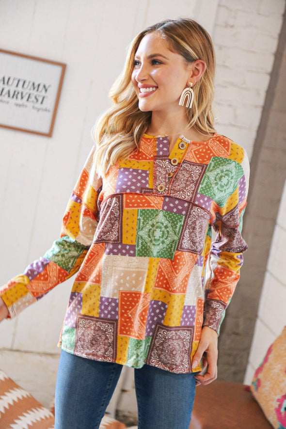 Haptics Multicolor Patchwork Button Down Terry Outseam Top