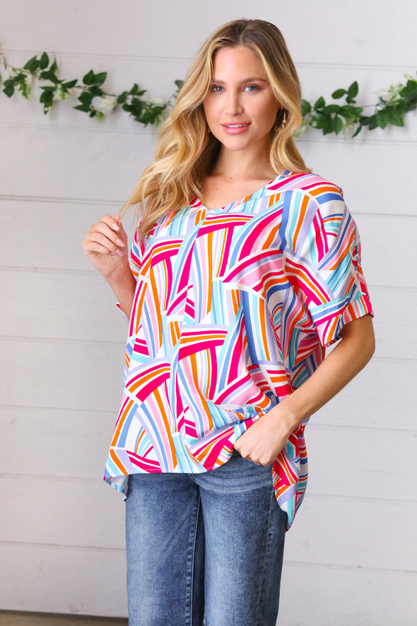 Haptics Blue & Fuchsia Geometric Print Woven Top