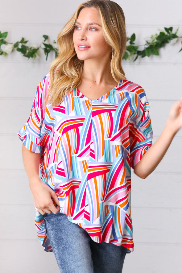 Haptics Blue & Fuchsia Geometric Print Woven Top