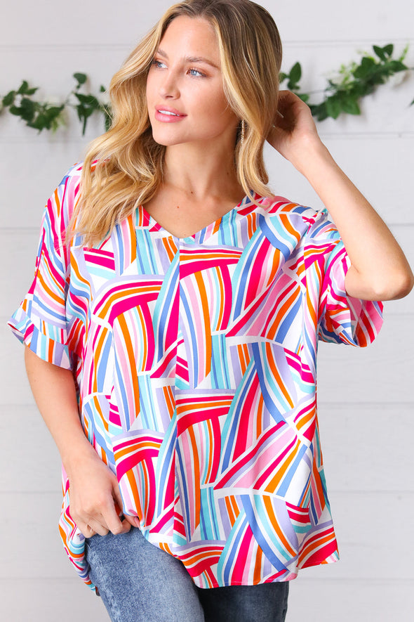 Haptics Blue & Fuchsia Geometric Print Woven Top