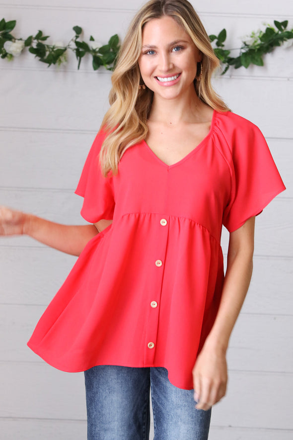 Haptics Cherry Red Babydoll Button Down Raglan Woven Top