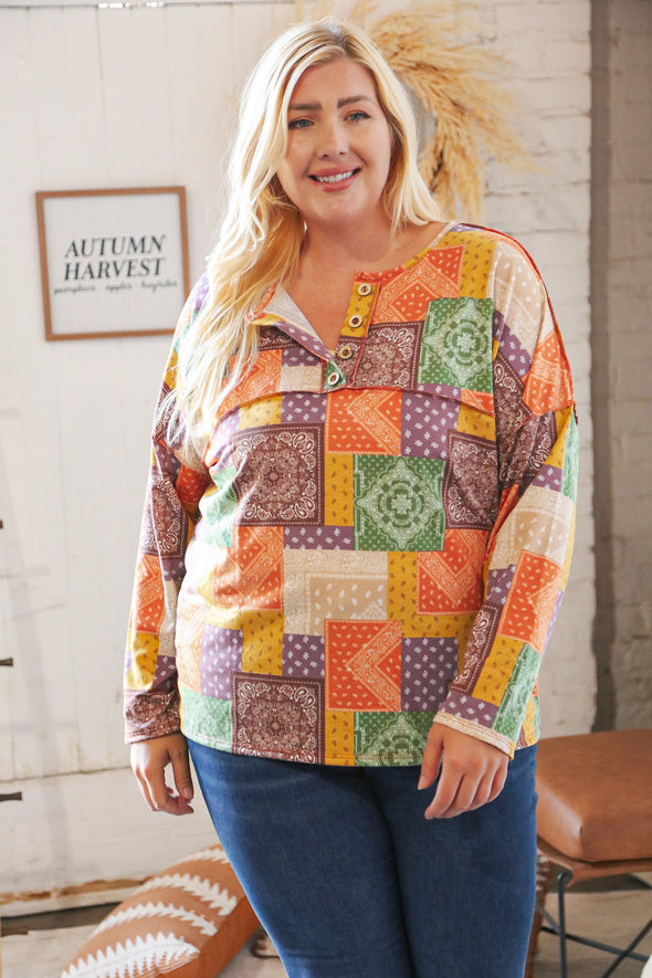 Haptics Multicolor Patchwork Button Down Terry Outseam Top