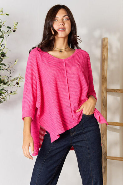 Zenana Round Neck High-Low Slit Knit Top