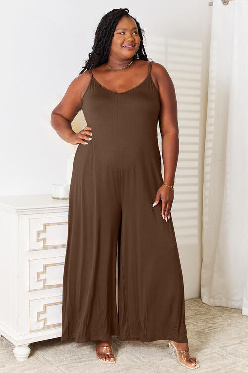 Double Take Soft Rayon Spaghetti Strap Tied Wide Leg Jumpsuit