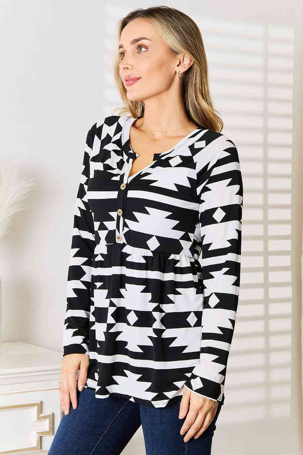 Heimish Geometric Notched Neck Long Sleeve Top