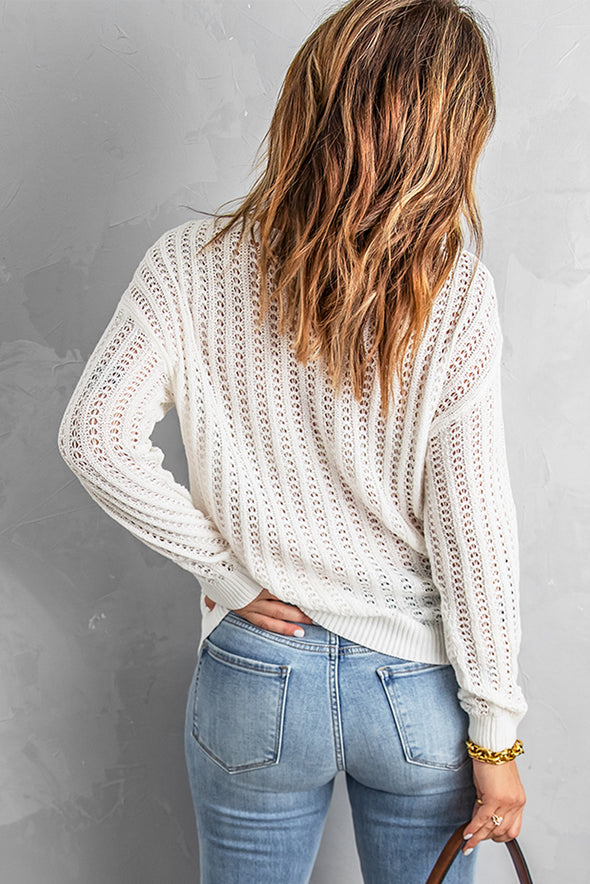 Dropped Shoulder Openwork Sweater White