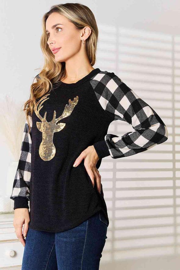 Heimish Sequin Reindeer Graphic Plaid Top