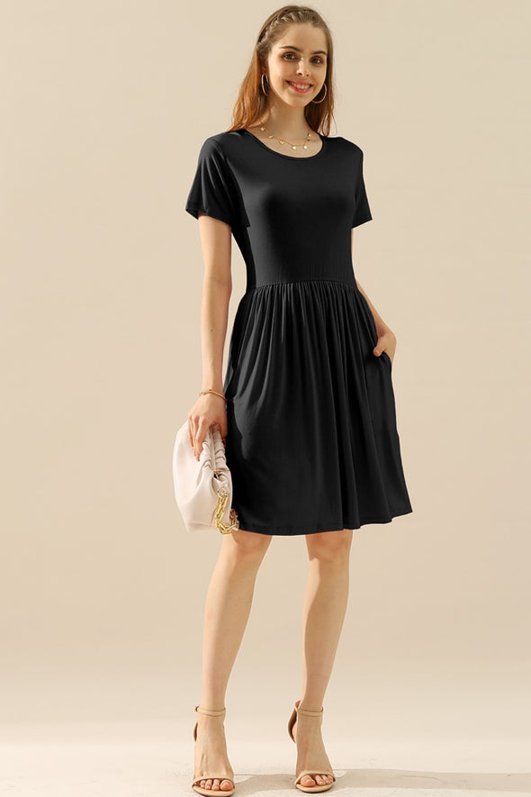 Ninexis Round Neck Ruched Dress with Pockets