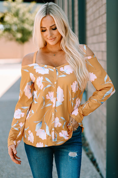 Floral Cold Shoulder Long Sleeve Top Yellow