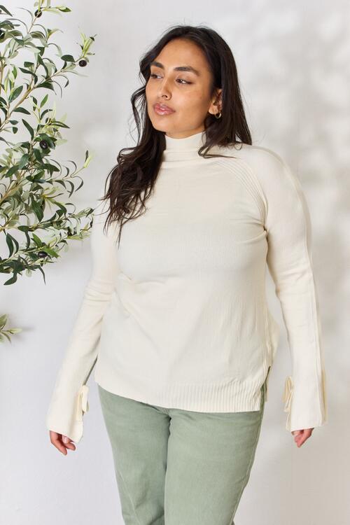 Heimish Ribbed Bow Detail Long Sleeve Turtleneck Knit Top