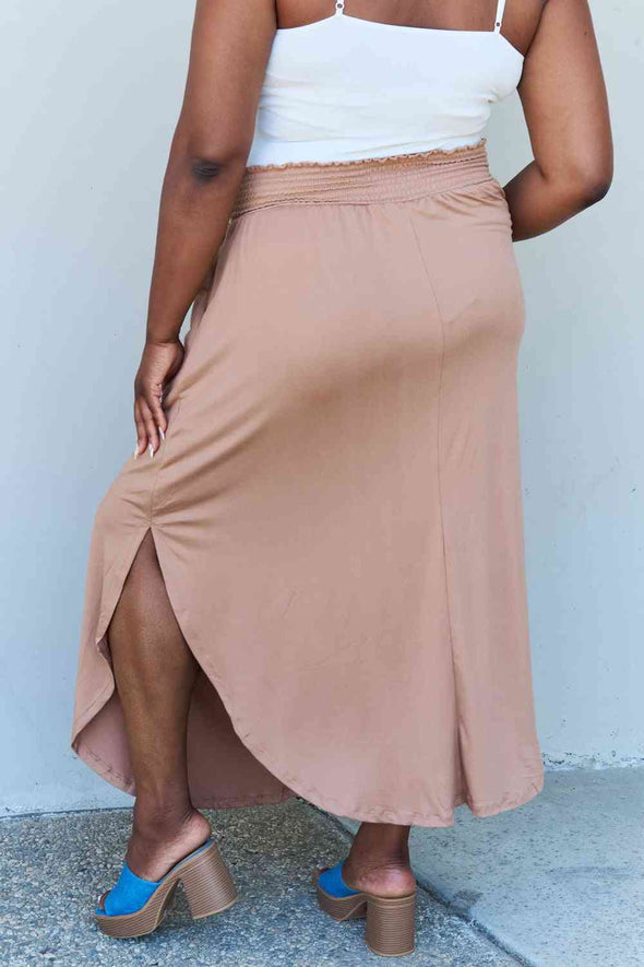 Doublju Comfort Princess High Waist Scoop Hem Maxi Skirt in Tan