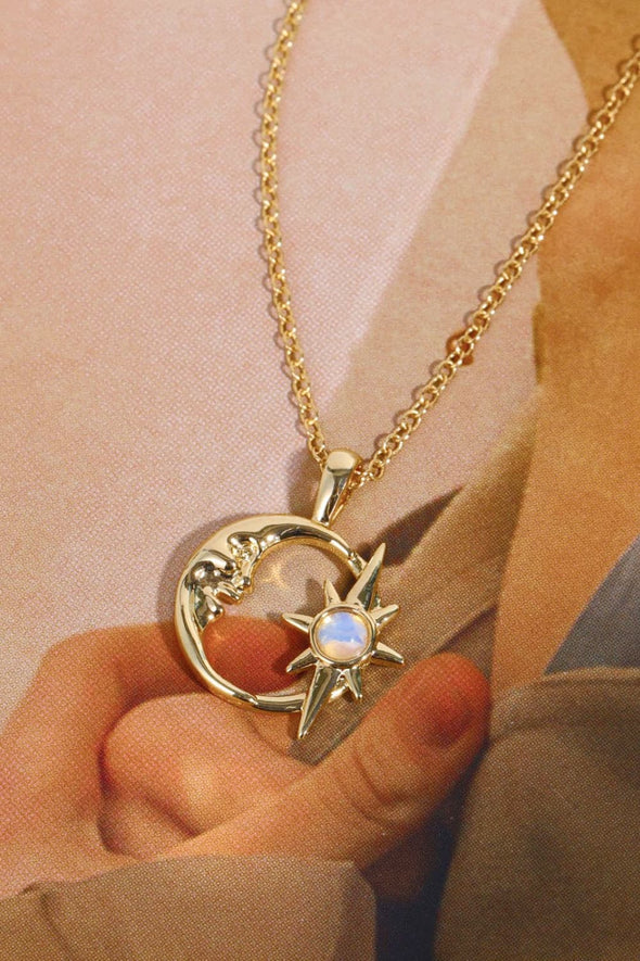 Copper 14K Gold Pleated Moon & Star Shape Pendant Necklace