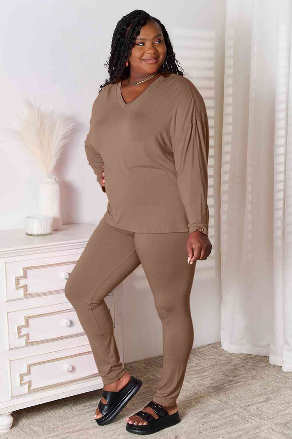 Basic Bae V-Neck Soft Rayon Long Sleeve Top and Pants Lounge Set