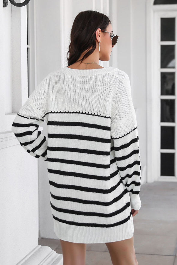 Striped V-Neck Drop Shoulder Sweater Dress