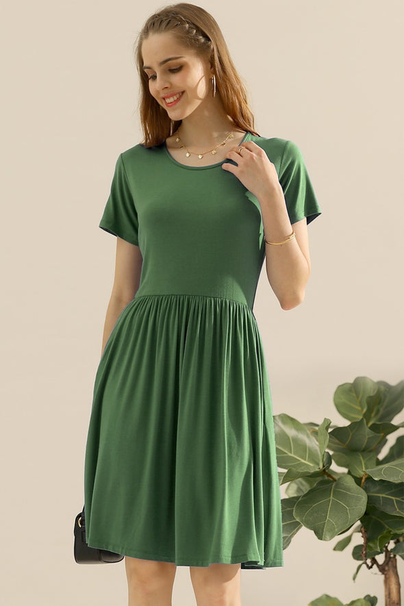 Ninexis Round Neck Ruched Dress with Pockets