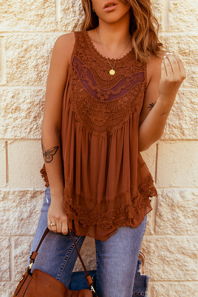 Lace Detail Button Back Sleeveless Top Brown