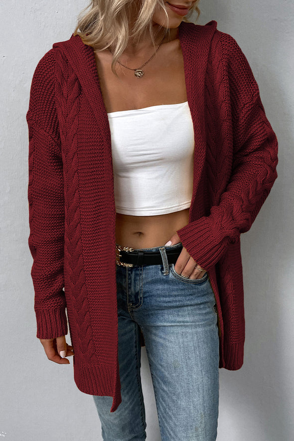 Cable-Knit Dropped Shoulder Hooded Cardigan