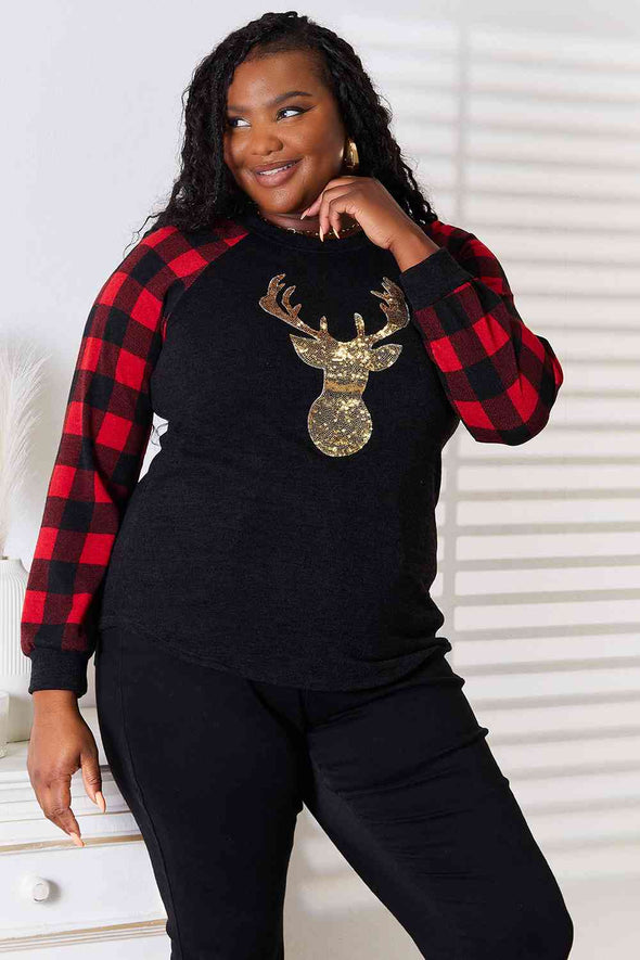 Heimish Sequin Reindeer Graphic Plaid Top