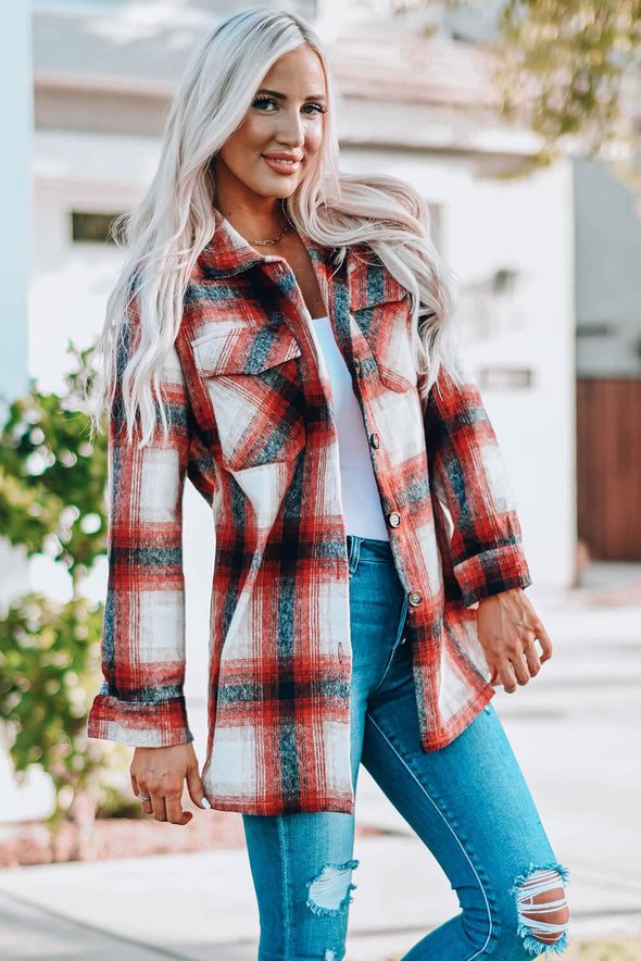 Plaid Button Up Shacket with Pockets Red