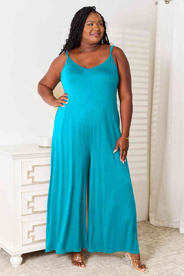 Double Take Soft Rayon Spaghetti Strap Tied Wide Leg Jumpsuit