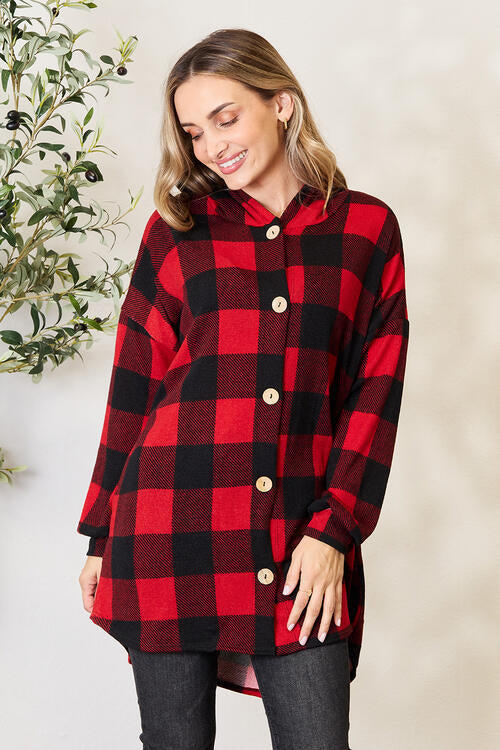 Heimish Plaid Button Front Hooded Shirt