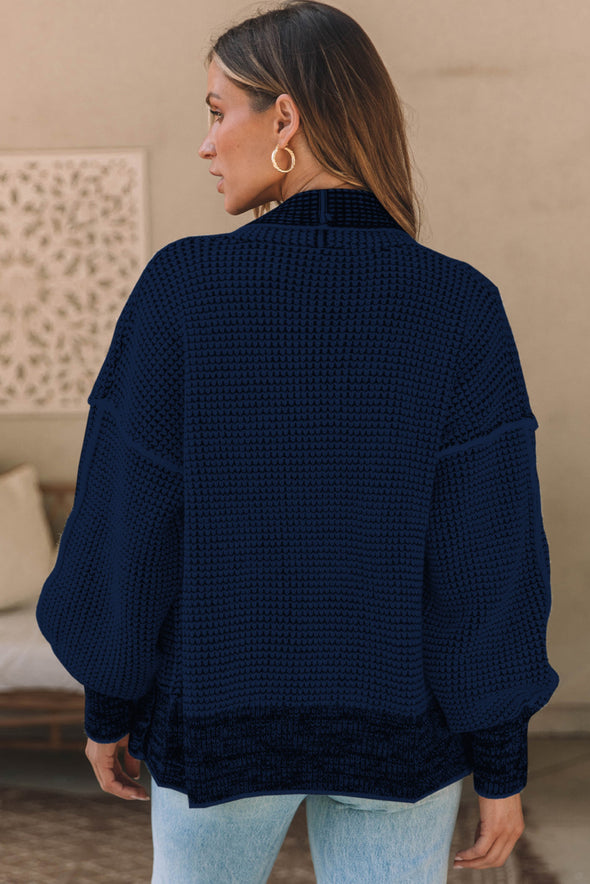 Waffle-Knit Pocketed Open Front Cardigan